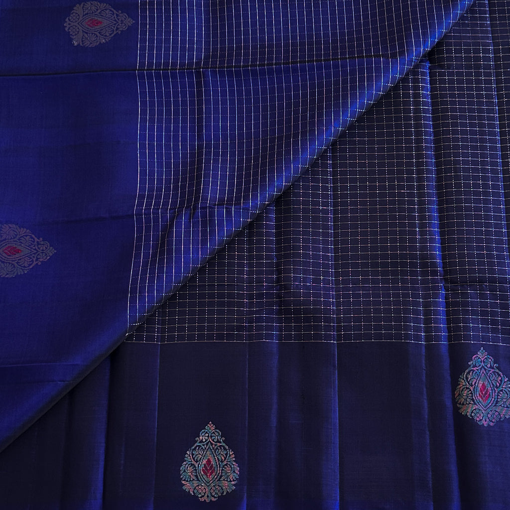 Sapphire Blue Silk Saree Silver Zari Floral Border Paisley Buta