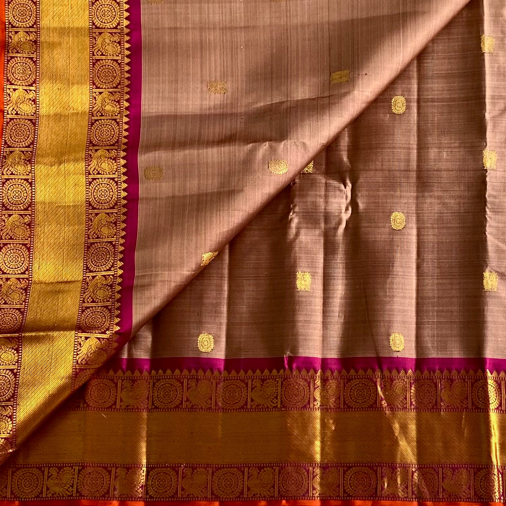 Dreamy Biscuit Brown Kanjeevaram Pure Zari Silk With Rich Magenta Contrast