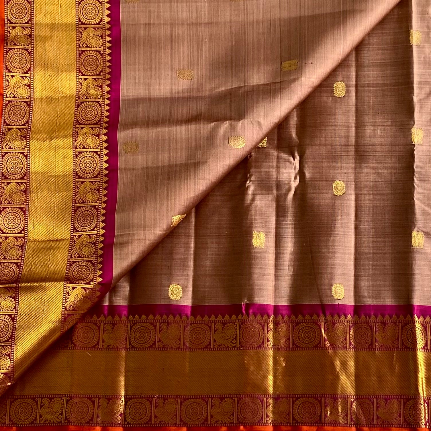Dreamy Biscuit Brown Kanjeevaram Pure Zari Silk With Rich Magenta Contrast