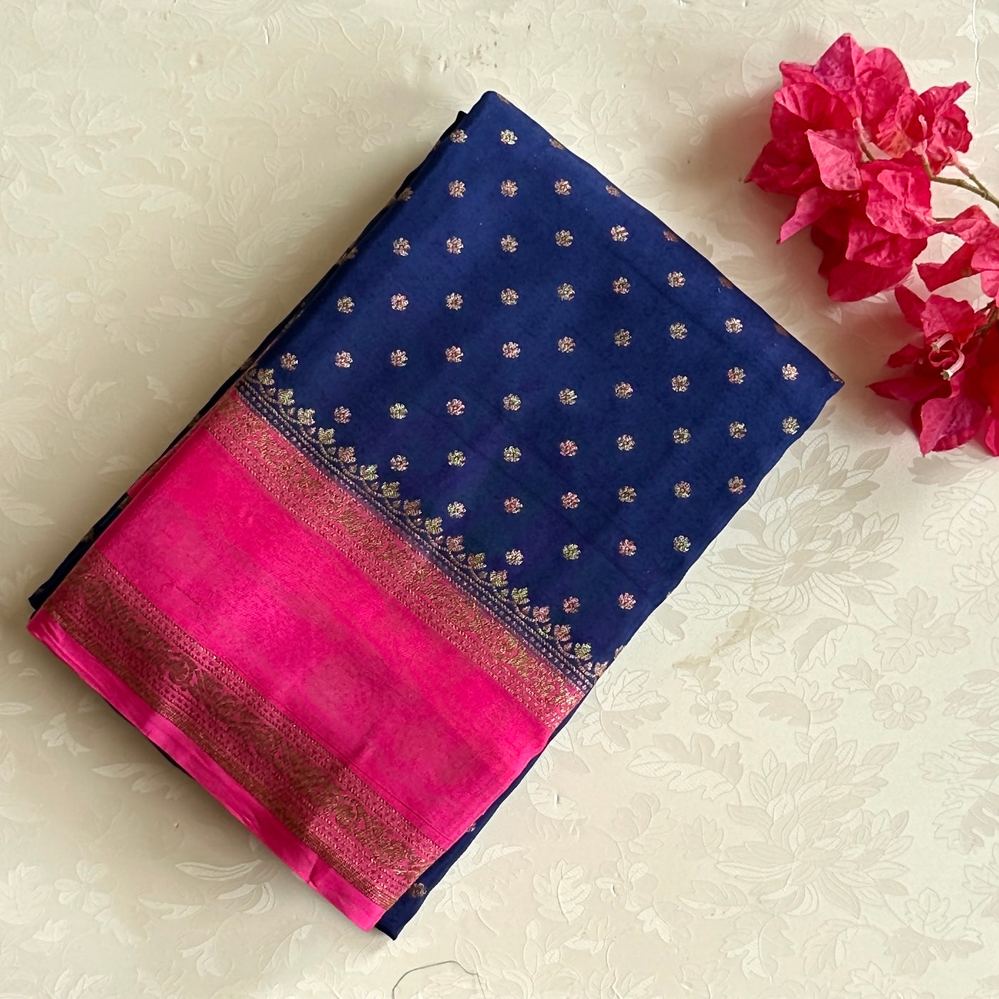Royal Blue Fuchsia Pink Woven Saree Gold Zari Buti Border