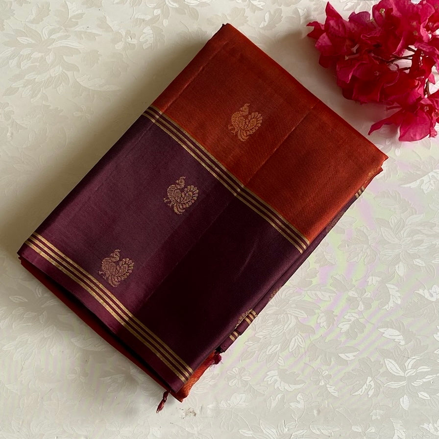 Classic Rust Red with Wine Brown Designer Pure Silk with Intricate Pallu