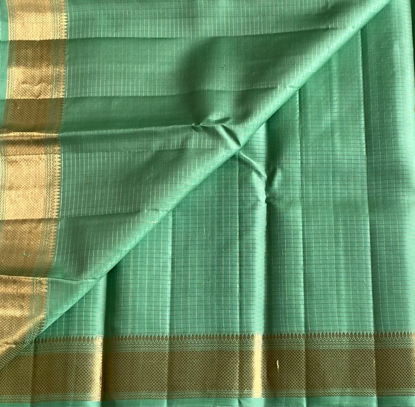 Seafoam Green Woven Diamond Saree With Gold Border Tassel Pallu