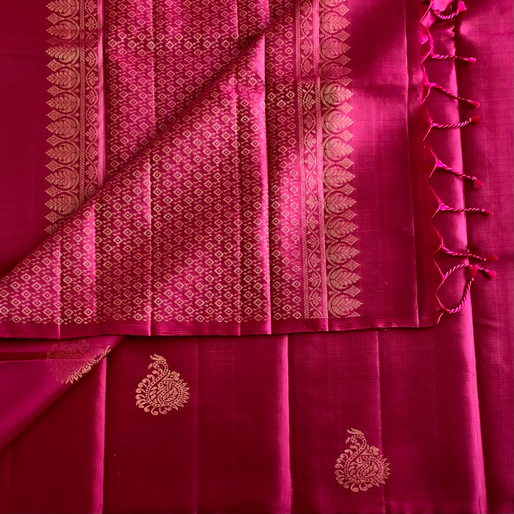 Deep Rani Pink Designer Pure Silk Saree With Antique Gold Buttas