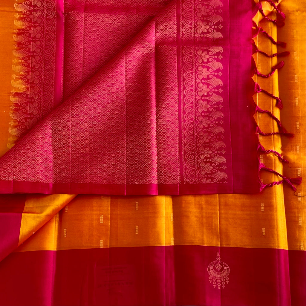 Saffron Orange & Rani Pink Designer Pure Silk Saree WithGold Zari