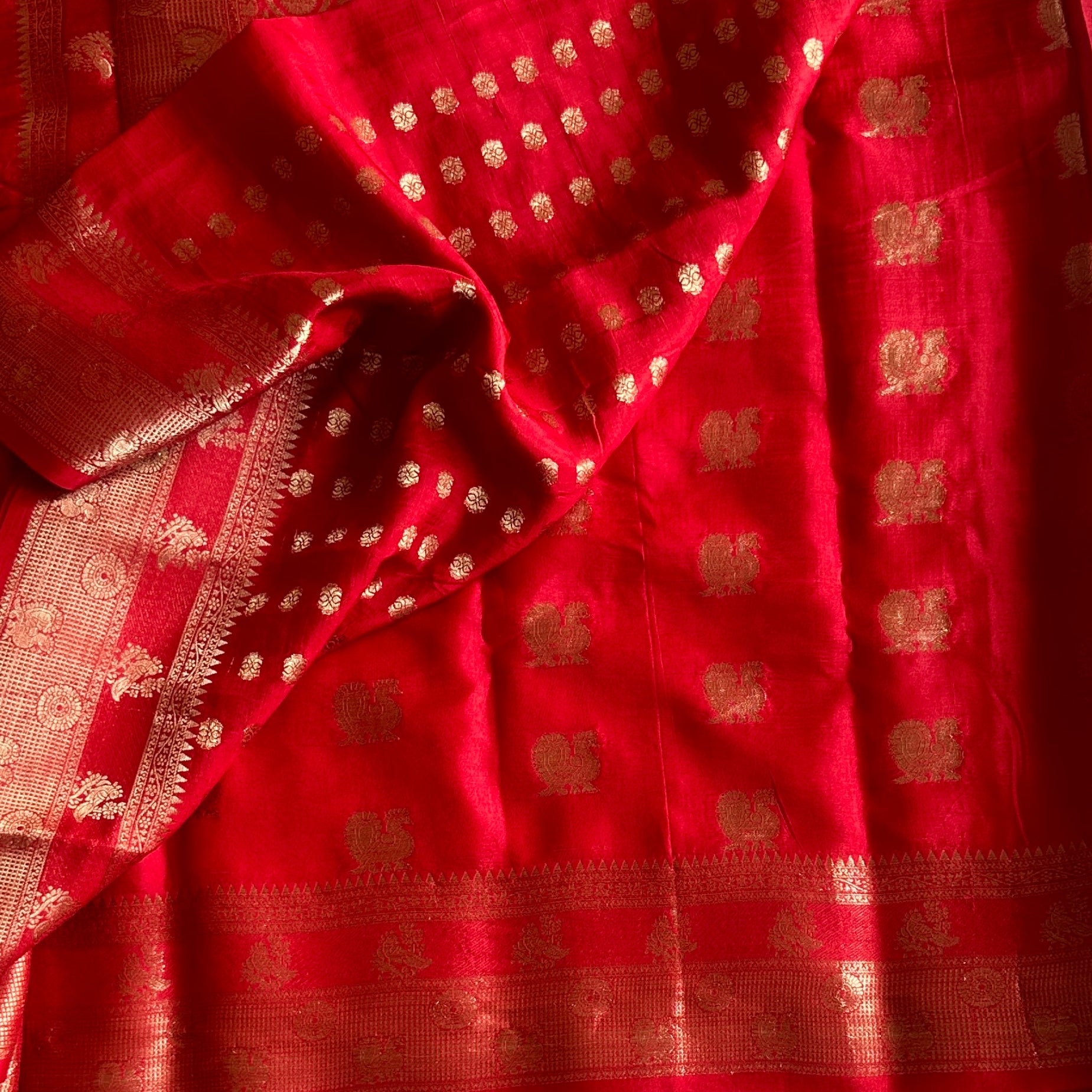 Ruby Red Zari Brocade Saree with Woven Gold Border Pallu