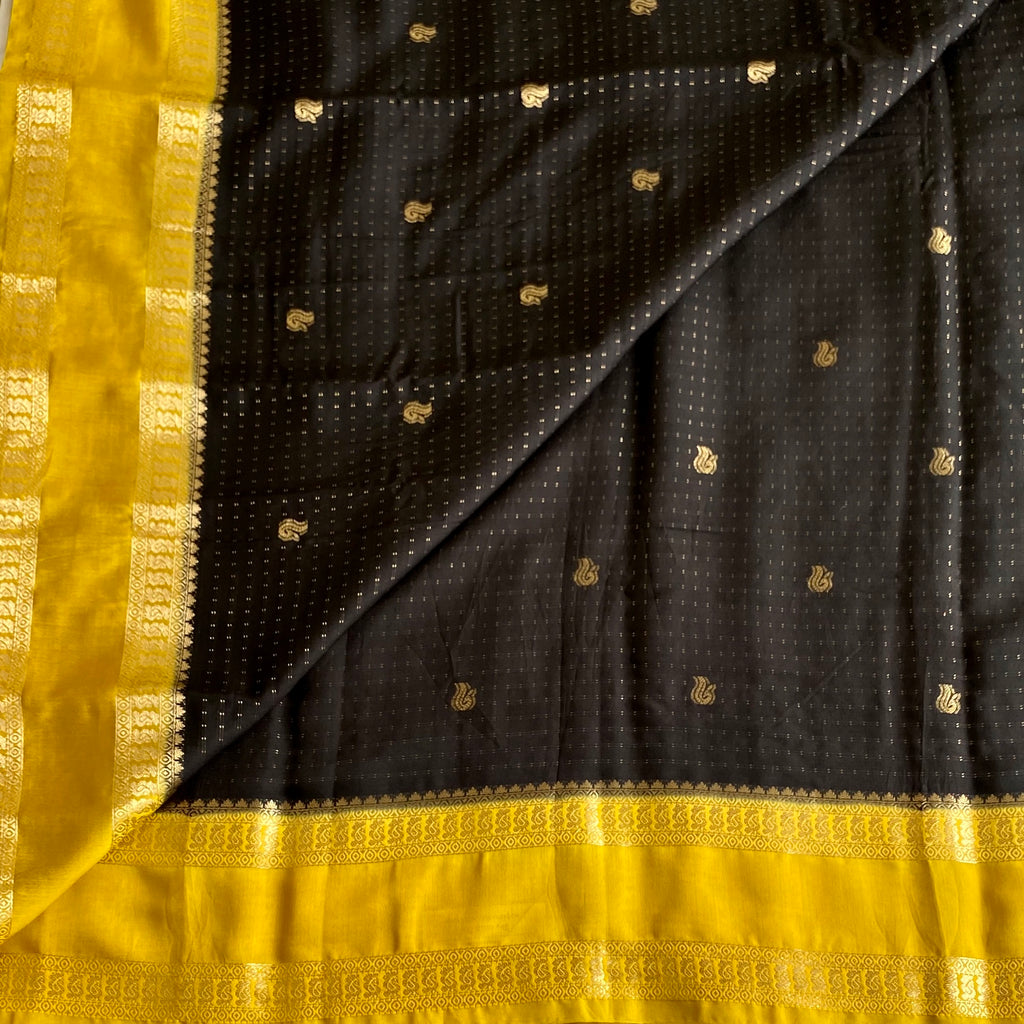 Charcoal Black And Mustard Yellow Soft Tussar Silk Saree