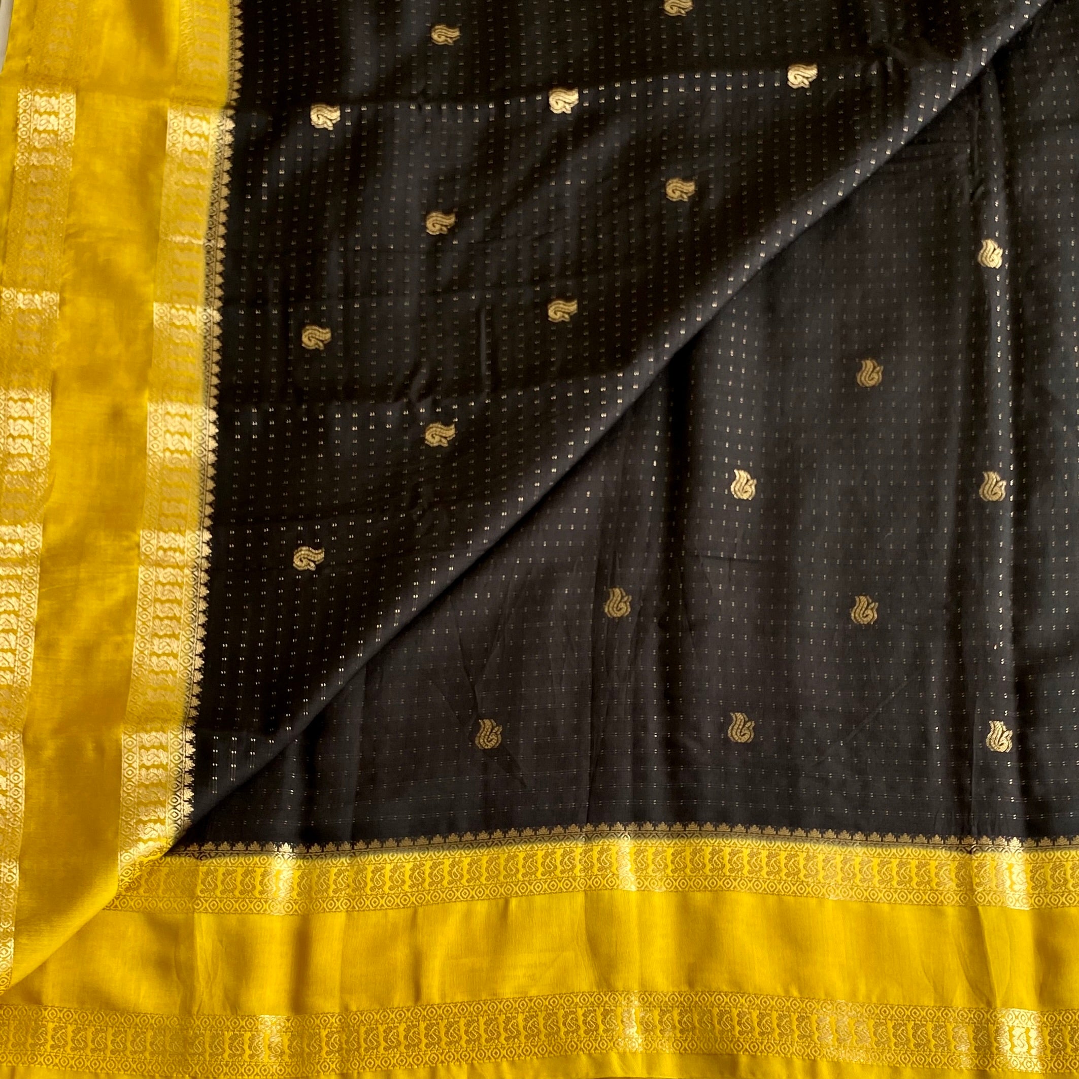 Charcoal Black And Mustard Yellow Soft Tussar Silk Saree