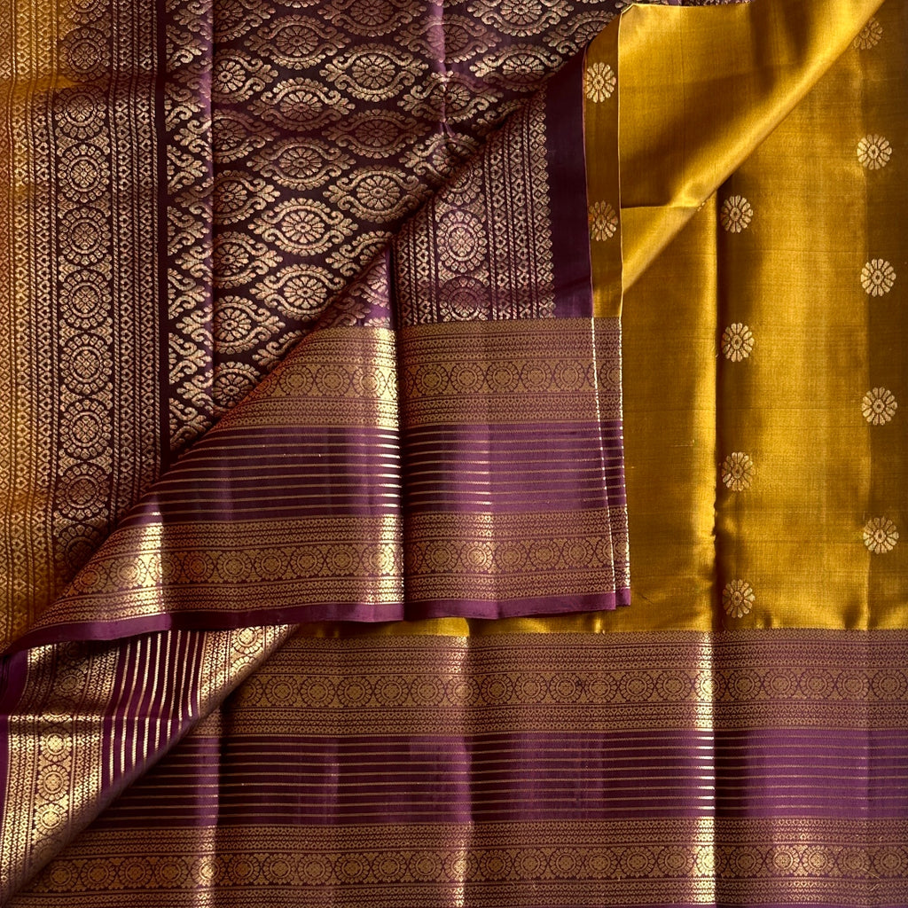 Deep Honey Mustard with rich purple designer pure Kanchi Silk