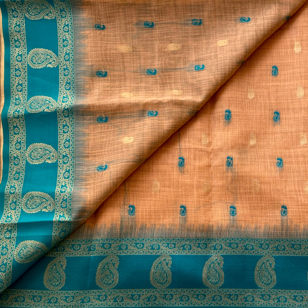 Teal Peach Silk Zari Paisley Woven Saree With Tassel Pallu