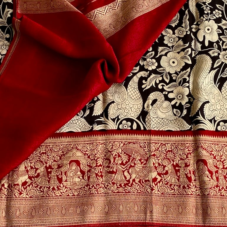 Jet Black Soft Tussar Silk Saree With Crimson Red Pallu