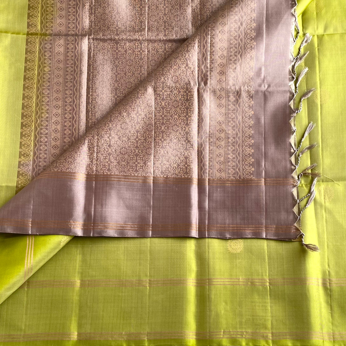 Light Dreamy Green Designer Pure Silk Saree With Taupe Brown Pallu