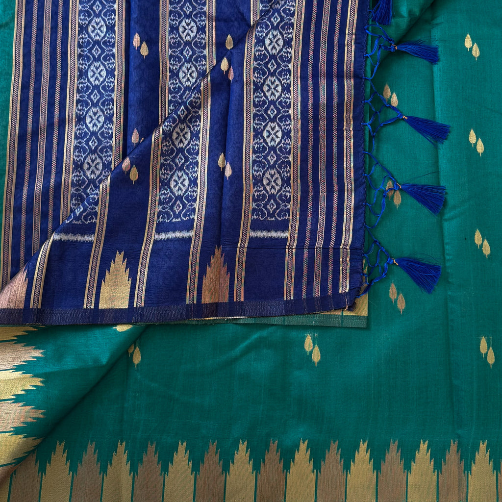 Teal Silk Saree Royal Blue Pallu Gold Zari Ikat Border