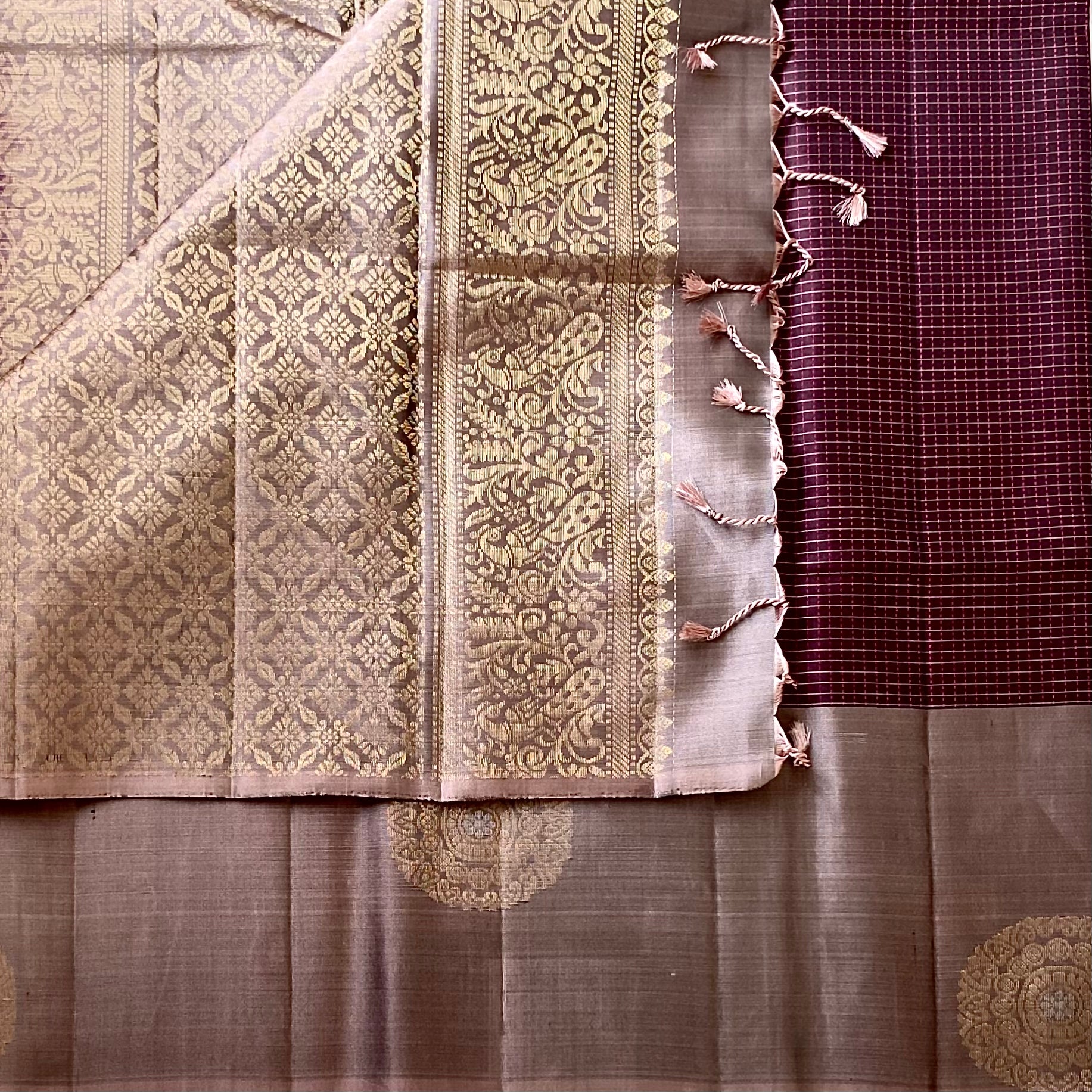 Burgundy Rose Gold Brocade Silk Saree Floral Pallu Traditional Wear