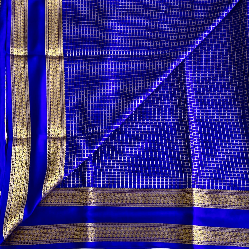 Royal Blue Mysore Crepe Silk Saree With Antique Gold Zari Stripes