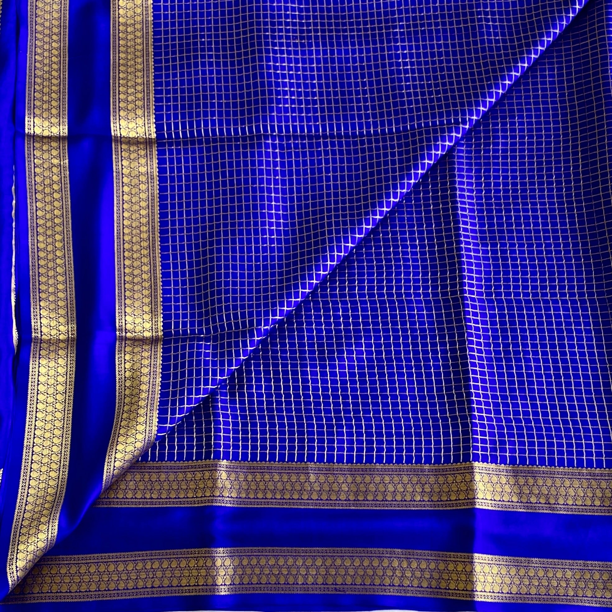 Royal Blue Mysore Crepe Silk Saree With Antique Gold Zari Stripes