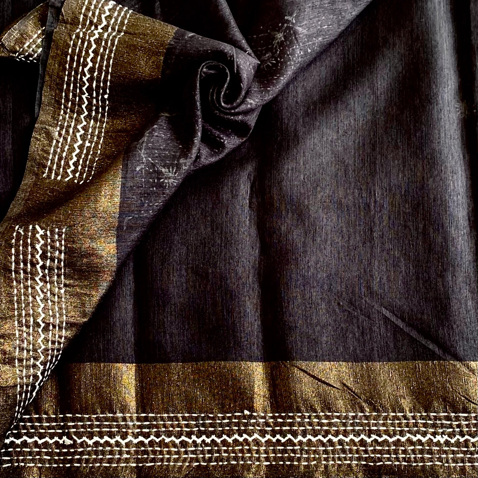 Midnight Black Soft Tussar Silk Saree With Antique Gold Border