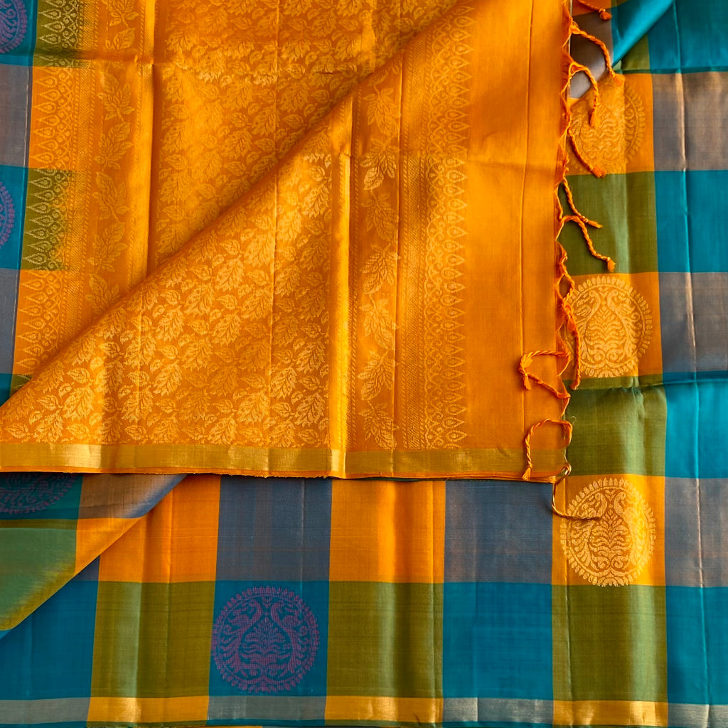 Teal & Sunflower Checkered Designer Pure Silk With Intricate Pallu