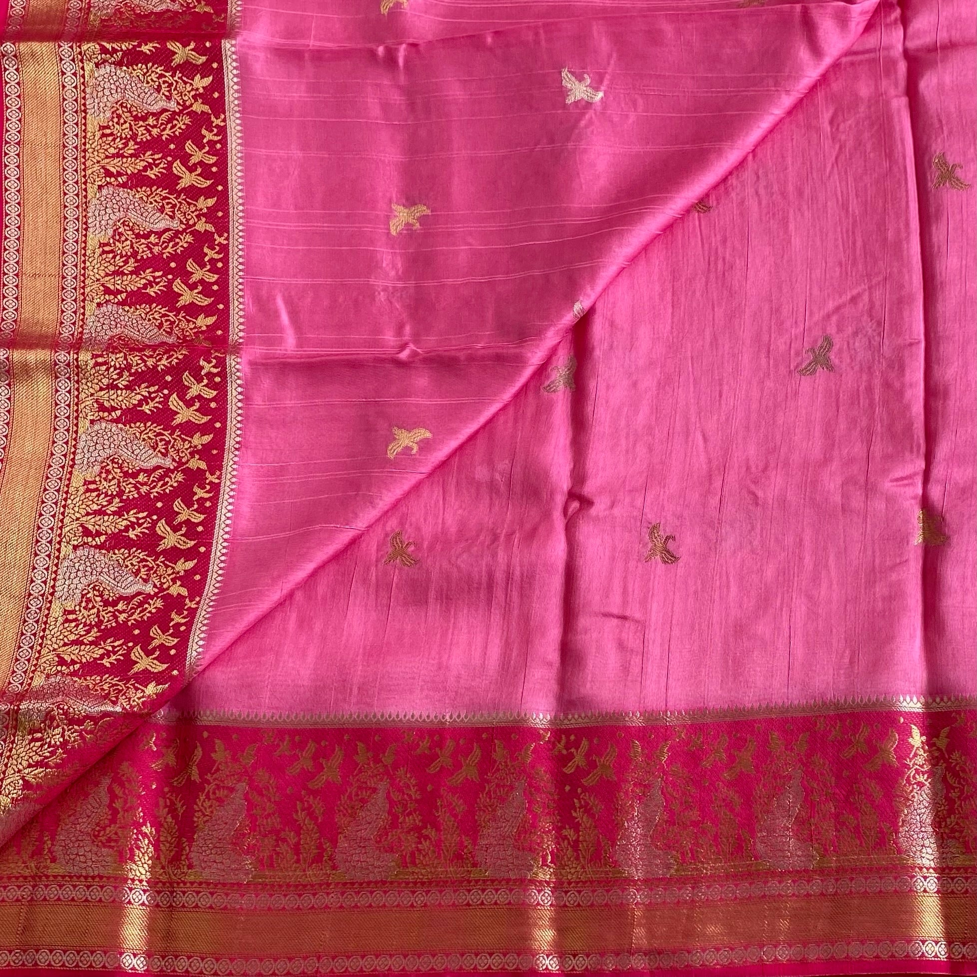 Deep Pink With Rani Pink Soft Tussar Silk Saree With Gold Zari Border