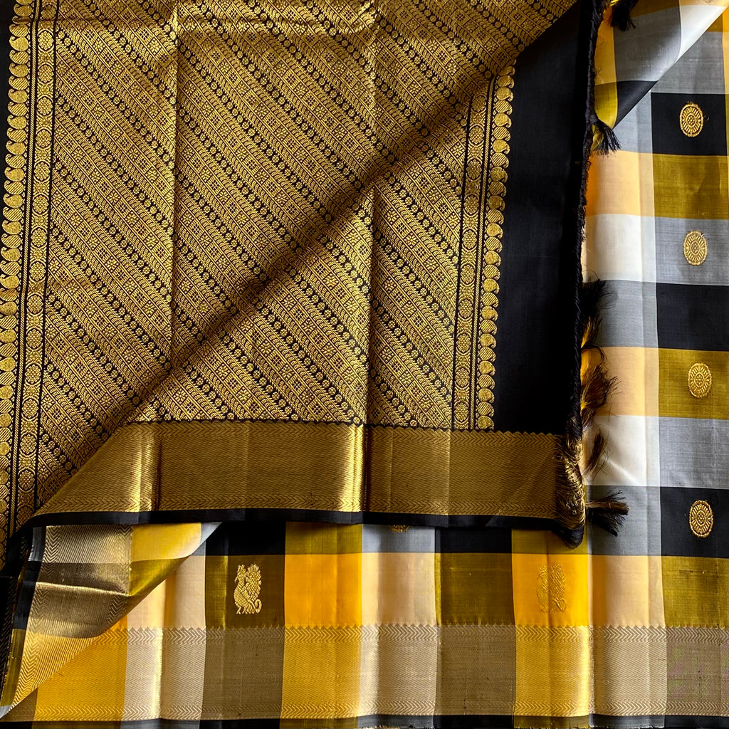 Mustard Yellow Jet Black Kanjeevaram Pure Zari Silk Saree With Rich Intricate Pallu