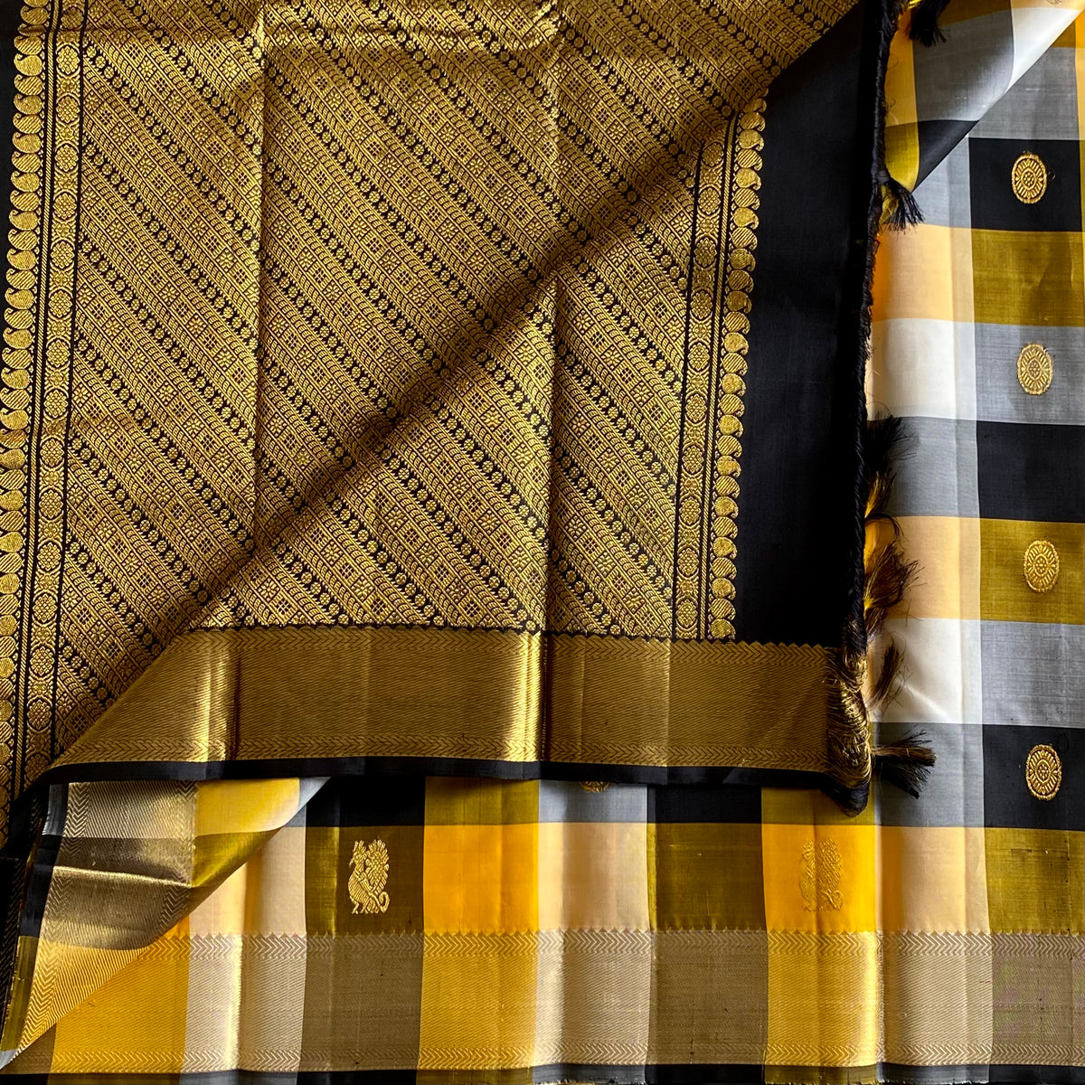 Mustard Yellow Jet Black Kanjeevaram Pure Zari Silk Saree With Rich Intricate Pallu