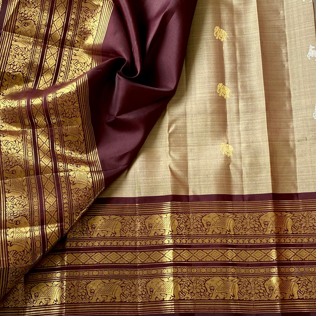 Classic Greyish Beige with Deep Wine Brown Kanjeevaram Masterpiece