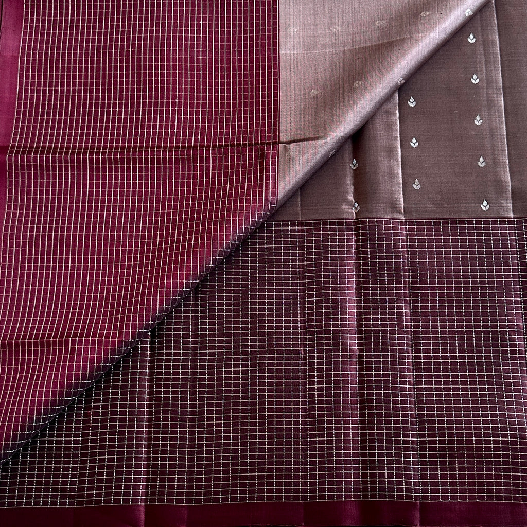 Metallic Grey with Deep wine brown designer pure silk with checkered borders