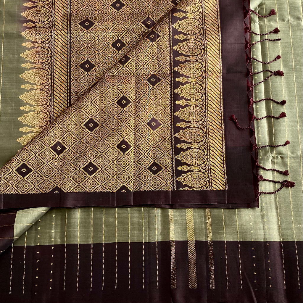 Sage Green Designer Pure Silk Saree With Chocolate Brown Pallu