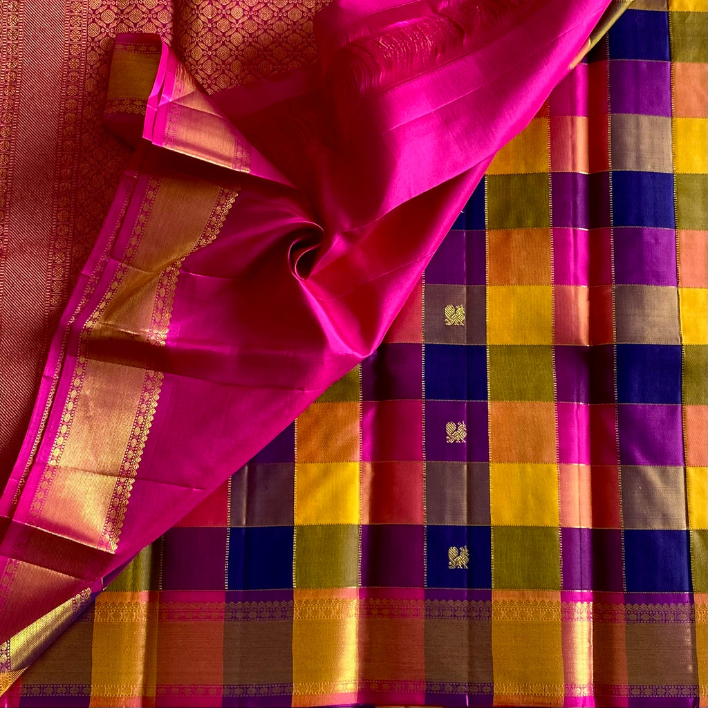 Kanjeevaram Pure Zari Multi Checkered Pink Blue Yellow Royalty