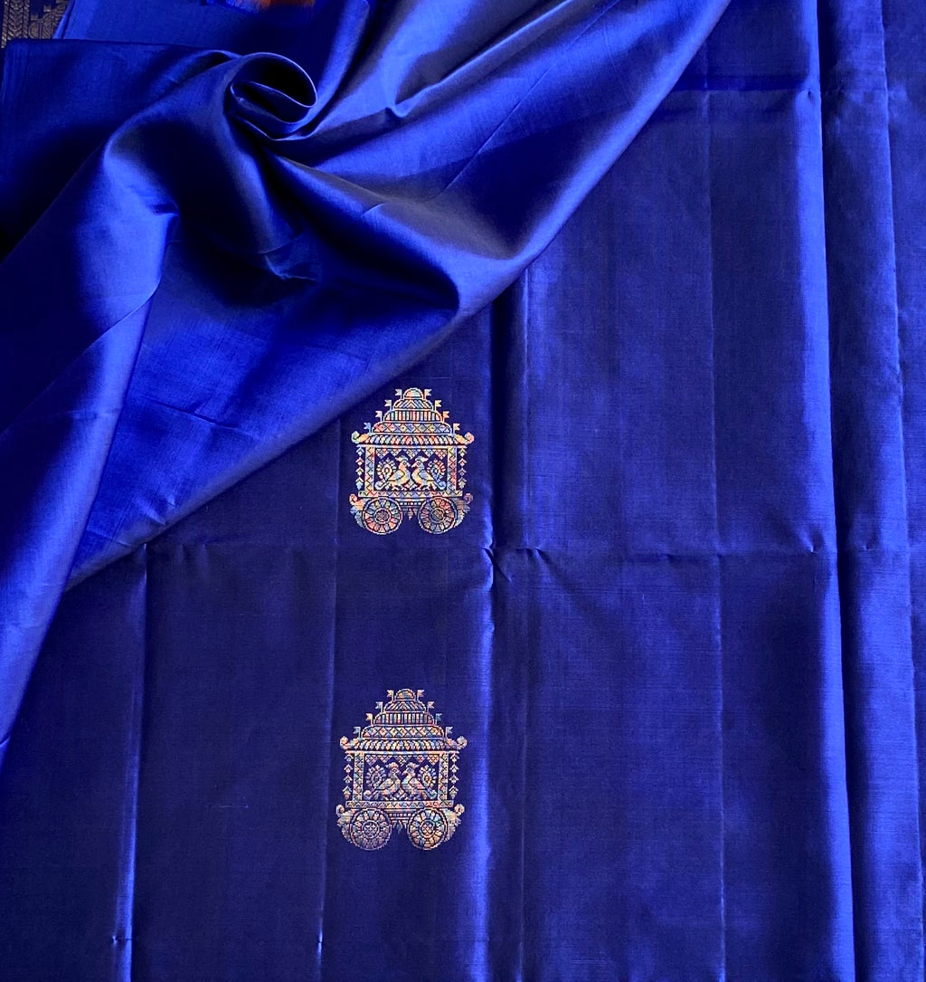 Cobalt Blue Banarasi Silk Saree Copper Gold Brocade Temple Motifs