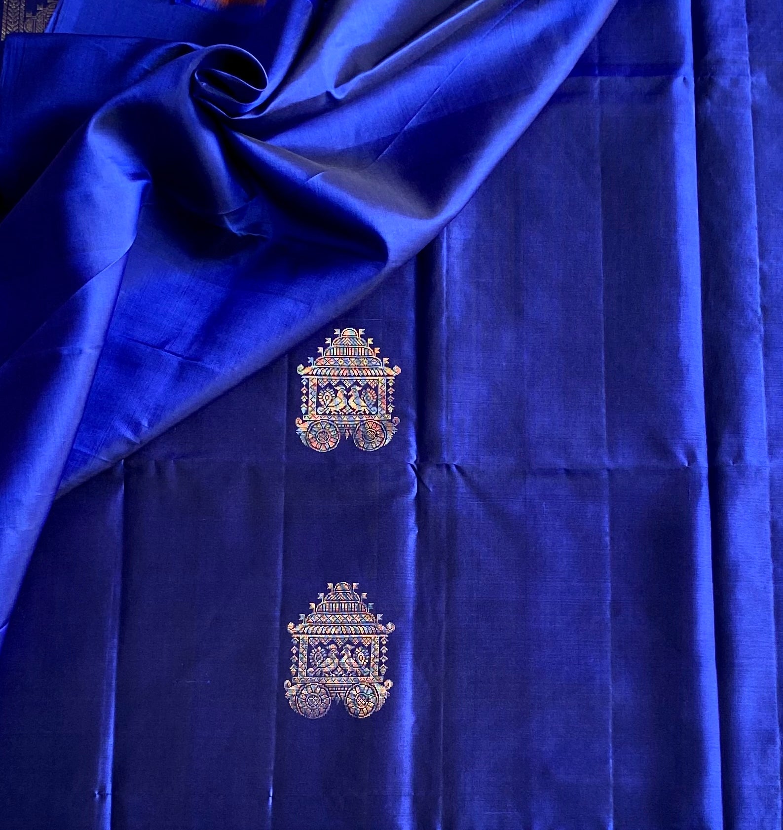 Cobalt Blue Banarasi Silk Saree Copper Gold Brocade Temple Motifs