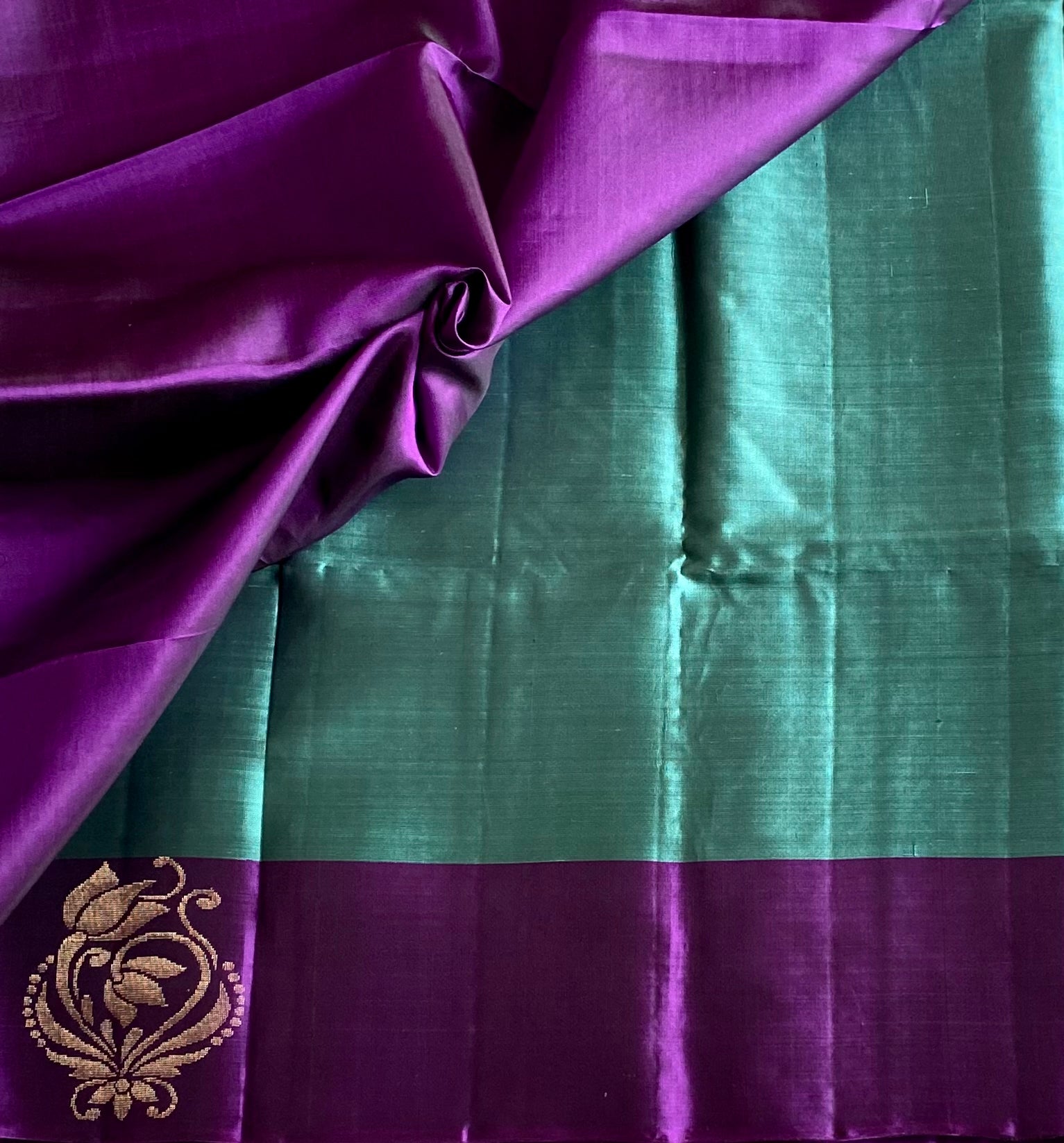 Purple Teal Silk Saree Gold Zari Pallu Paisley Border Traditional