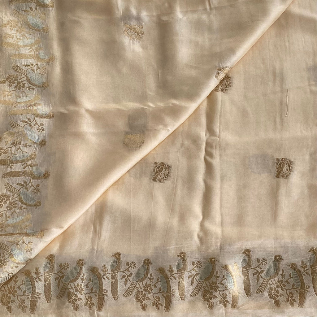 Cream Silk Saree Gold Parrot Border Floral Buta Striped Pallu