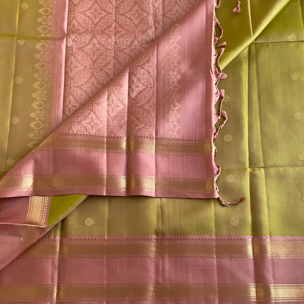 Light  Olive Green Designer Pure Silk Saree With Dusty Rose Pallu