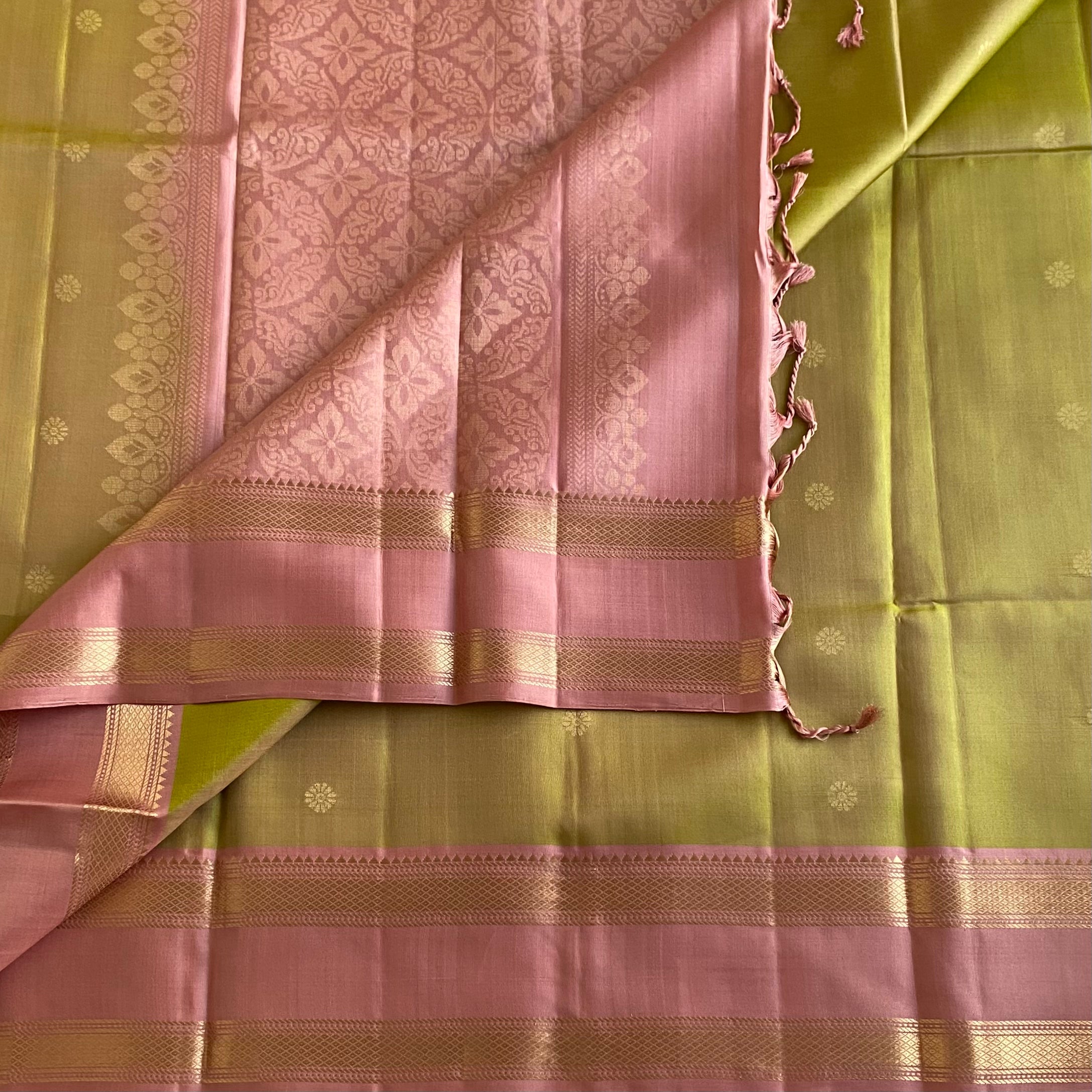 Light  Olive Green Designer Pure Silk Saree With Dusty Rose Pallu