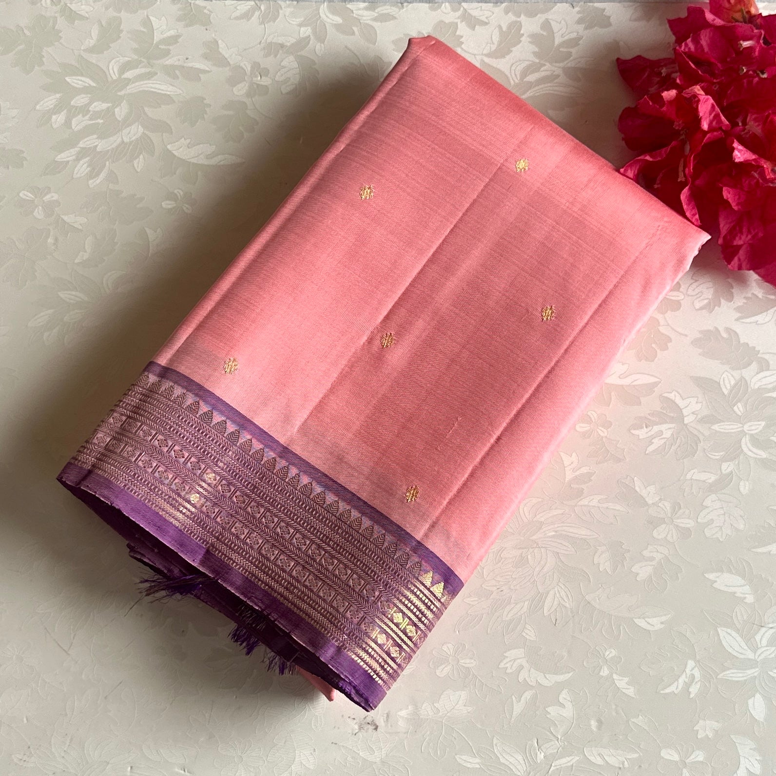 Kanjeevaram Pure Zari Silk Dreamy Baby Pink Saree With Metallic Lavender Pallu