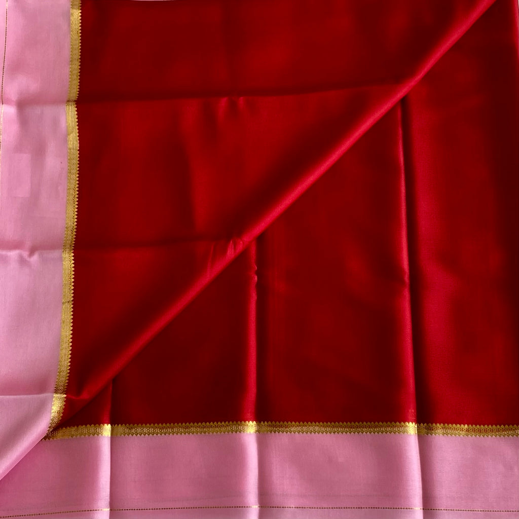 Crimson Red Lightweight Mysore Crepe Silk Saree With Pastel Pink Pallu