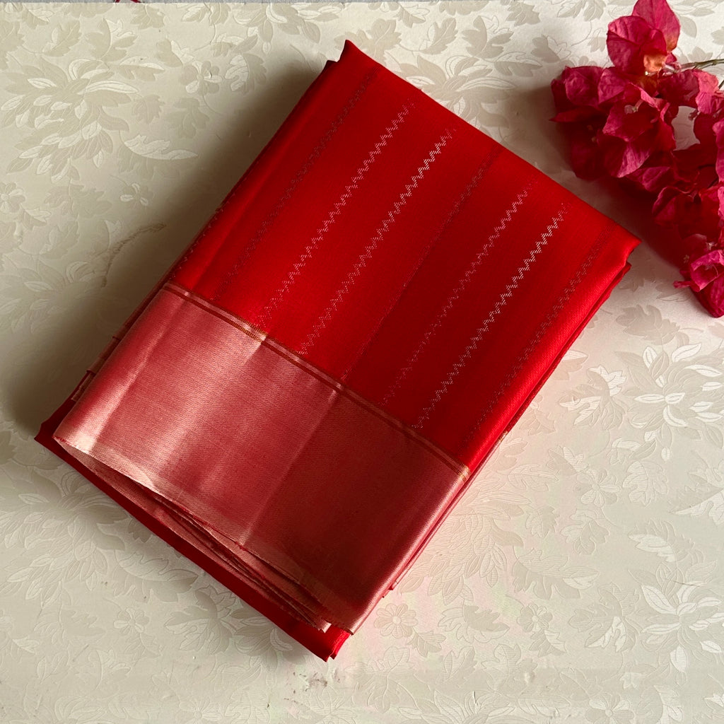 Scarlet Red Designer Pure Silk Saree With Rose Gold Pallu