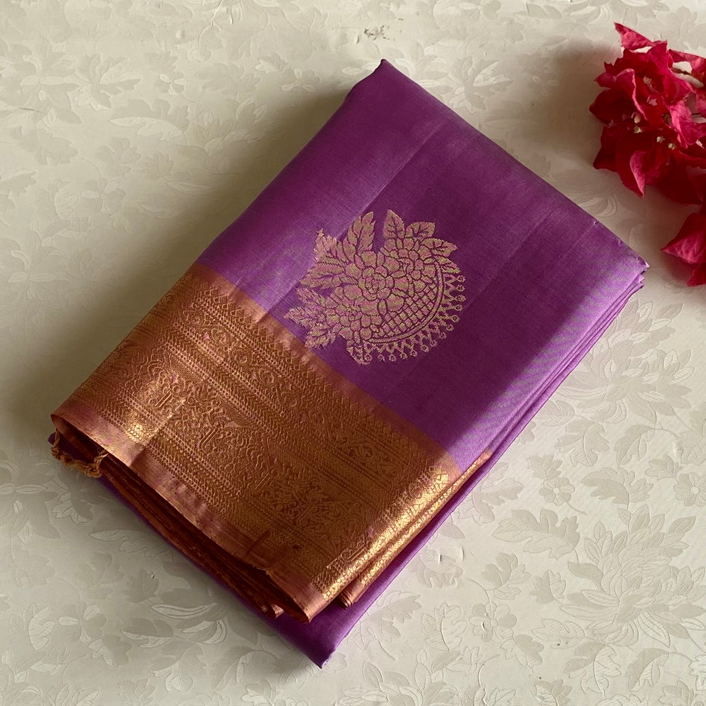 Metallic Lavender Designer Pure Silk With Bronze Copper Pallu
