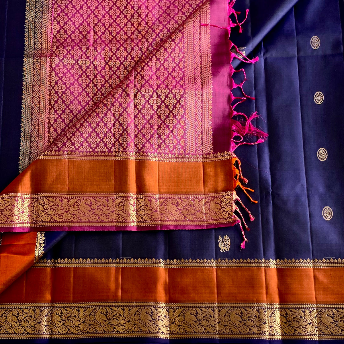 Deep Navy Blue Designer Pure Silk Saree With Magenta Pink Pallu