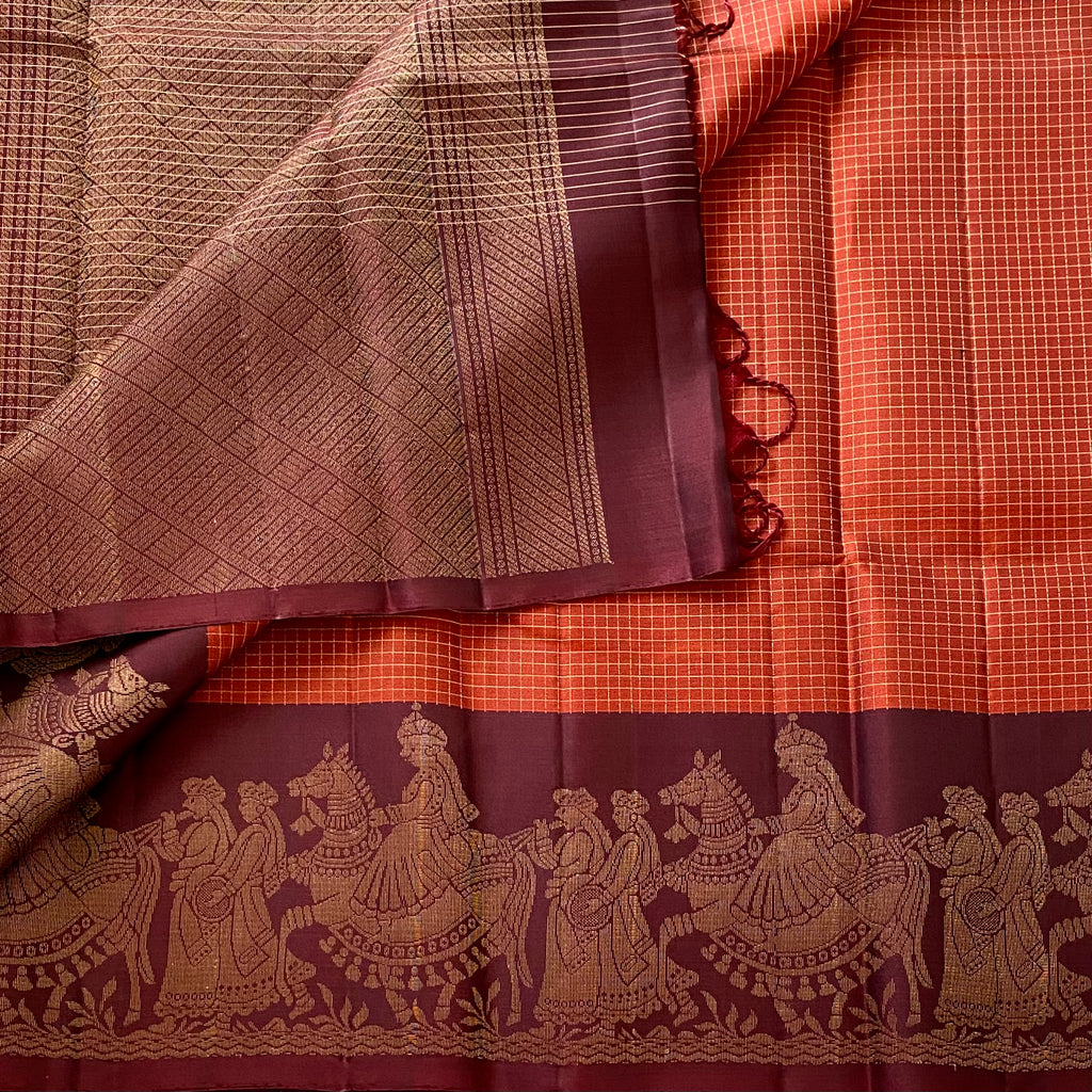 Brick Rust Designer Pure Silk Saree With Wine Brown Pallakki Borders