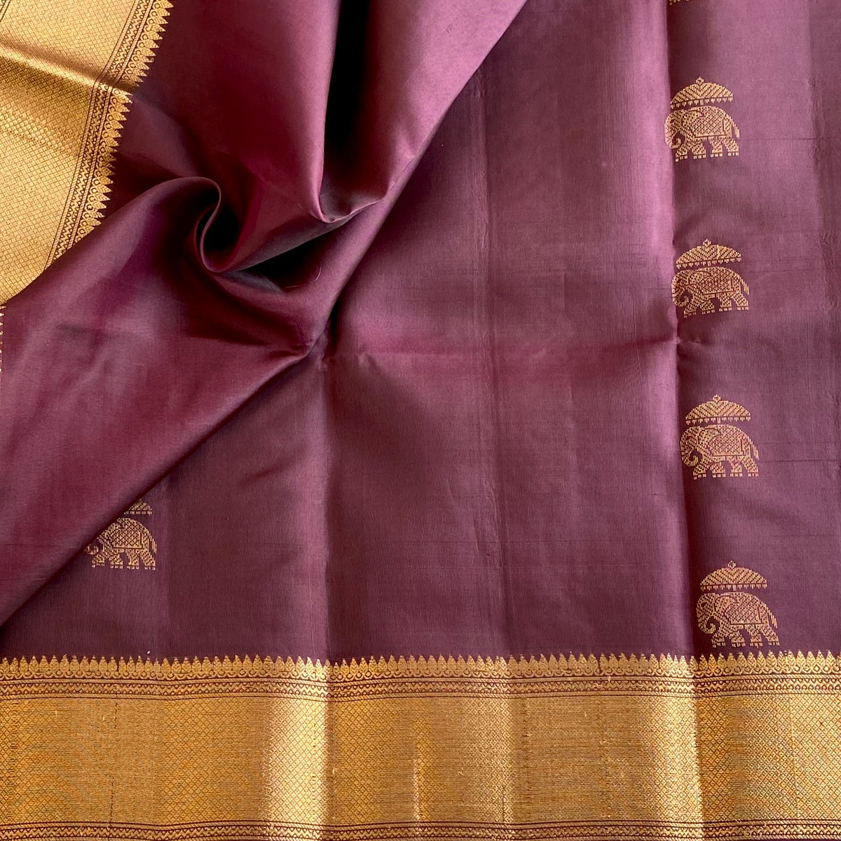 Deep Plum Designer Pure Silk Saree With Antique Gold Elephant Pallu