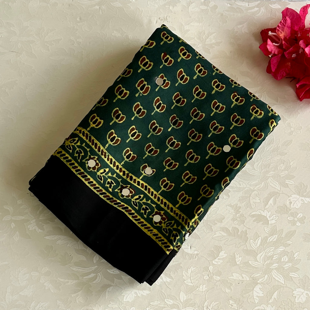 Ajrakh Handblock Printed Silk Forest Green Saree With Mustard Yellow Border