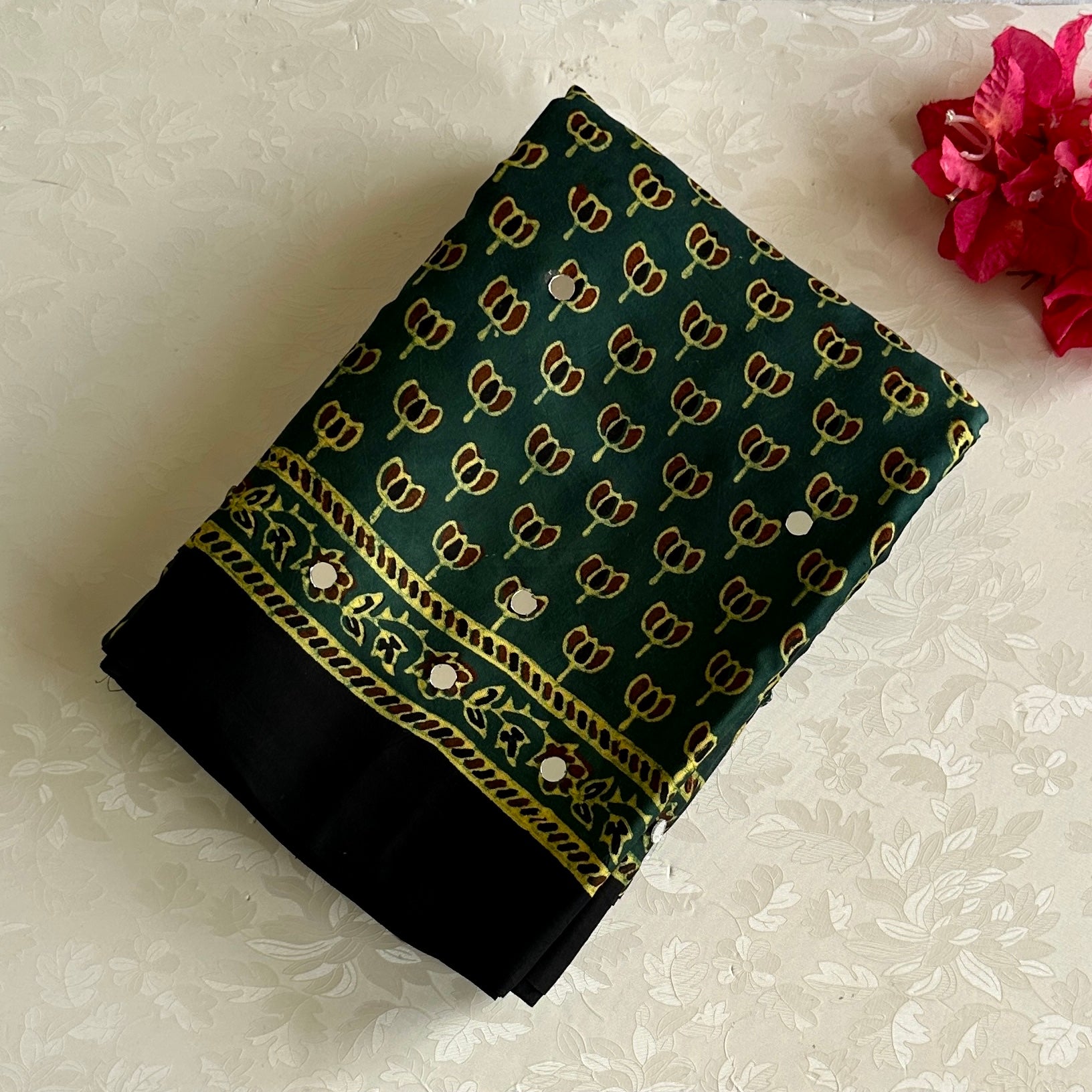 Ajrakh Handblock Printed Silk Forest Green Saree With Mustard Yellow Border