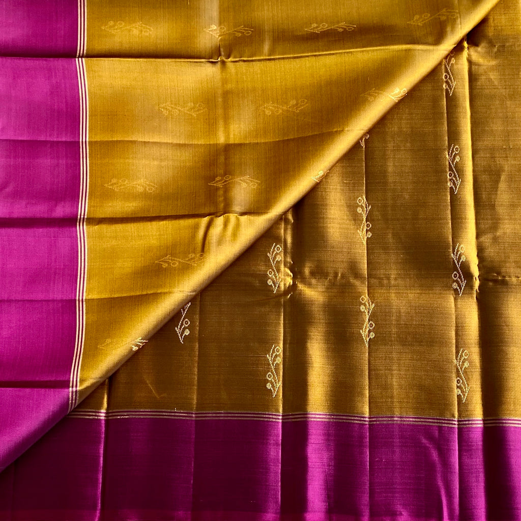 Golden Mustard Designer Pure Silk Saree With Rich Magenta Border