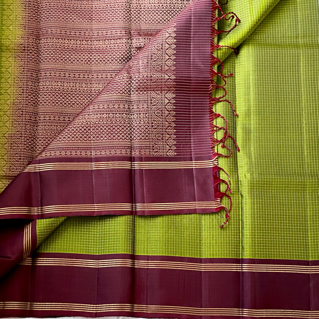 Chartreuse Green Silk Saree with Burgundy Gold Brocade Pallu
