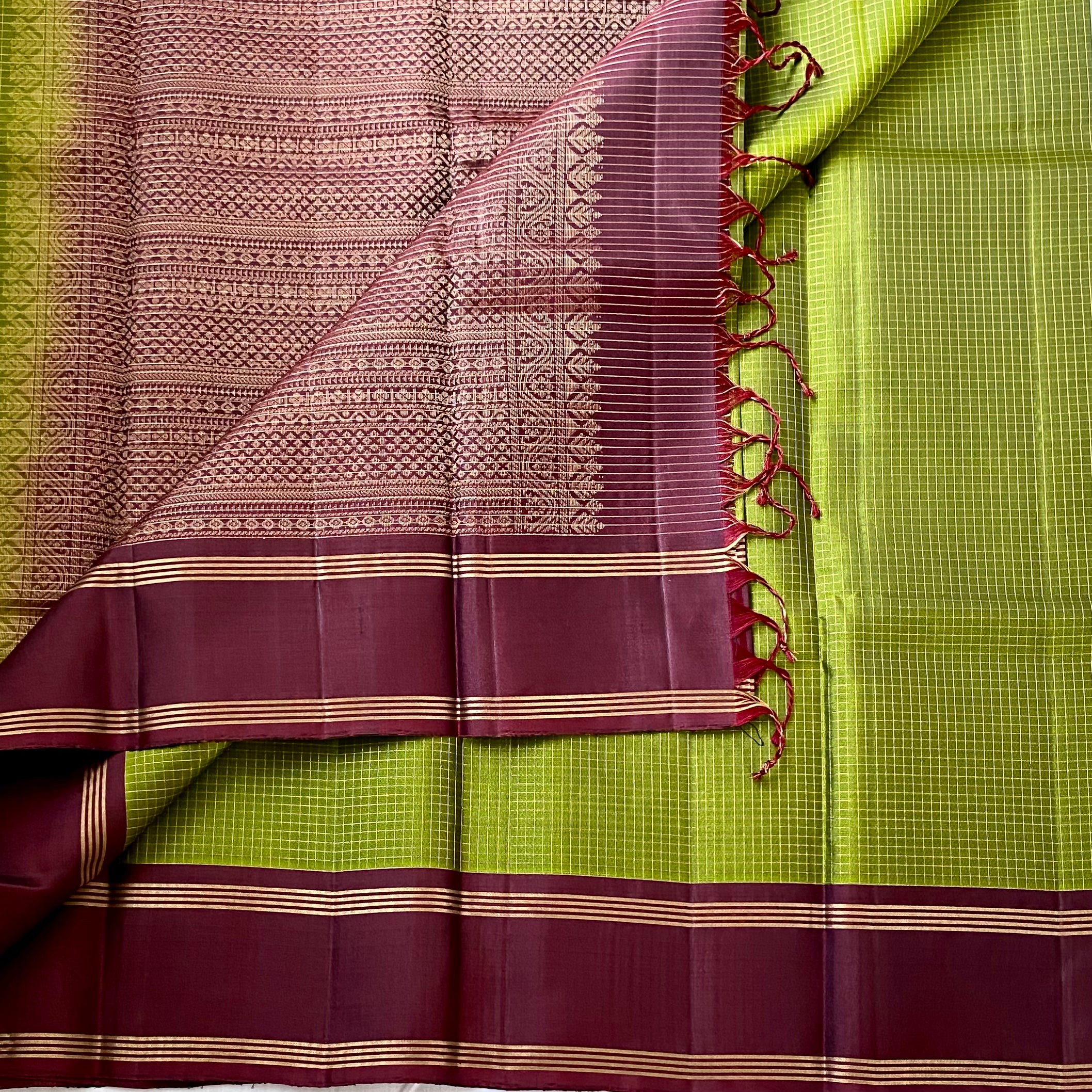 Chartreuse Green Silk Saree with Burgundy Gold Brocade Pallu