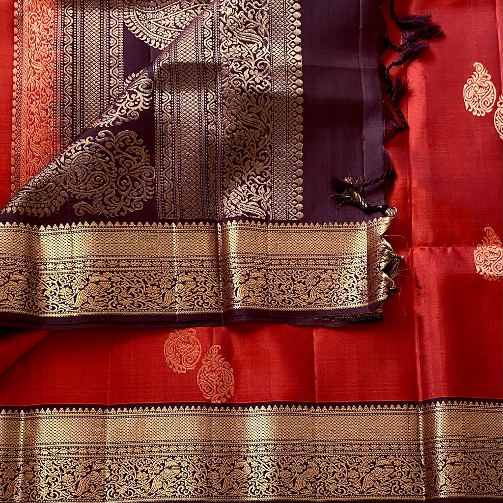 Brick Red Designer Pure Silk Saree Deep Wine Maroon Zari Border