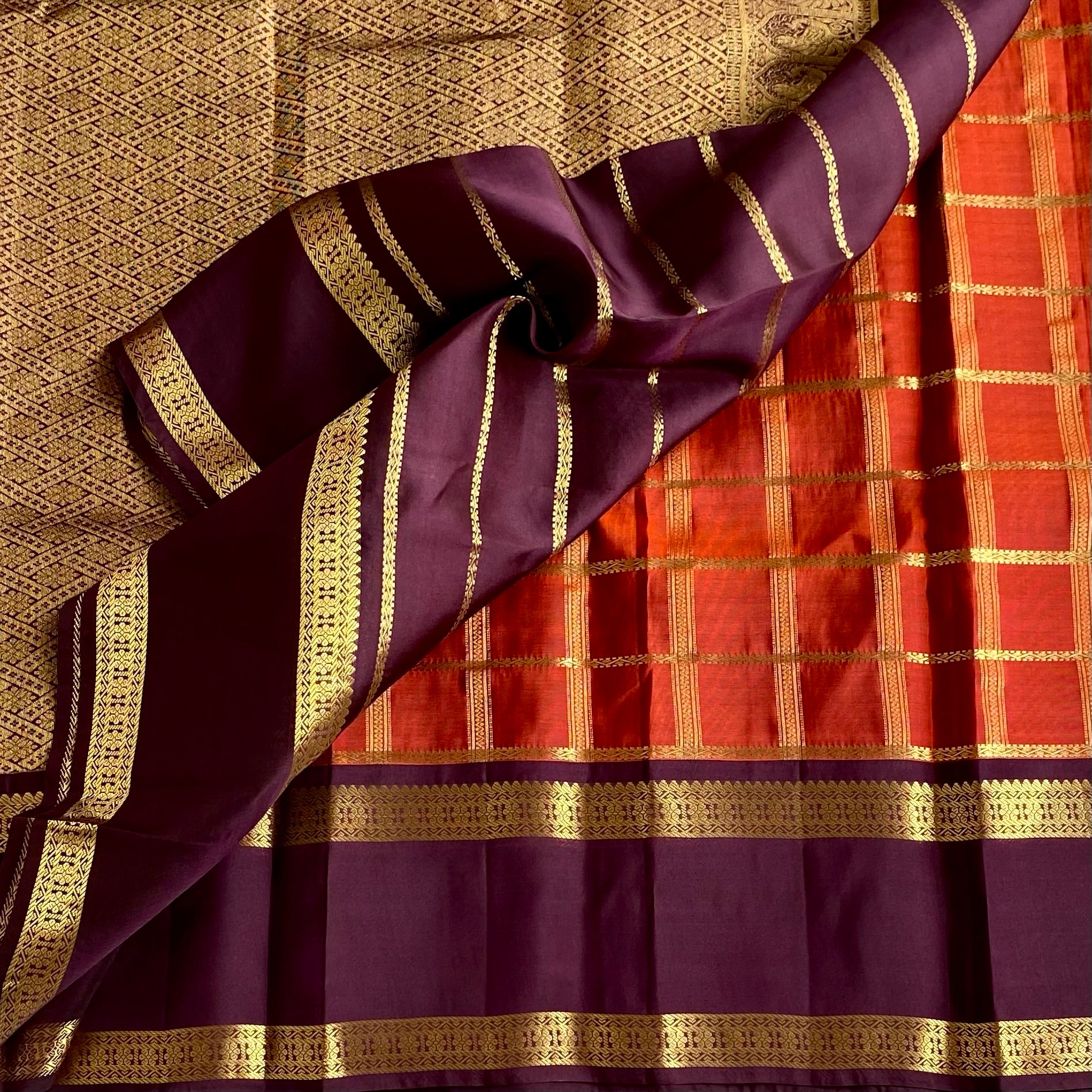 Classic Rust Orange With Coffee Brown Checkered Pure Silk Elegance