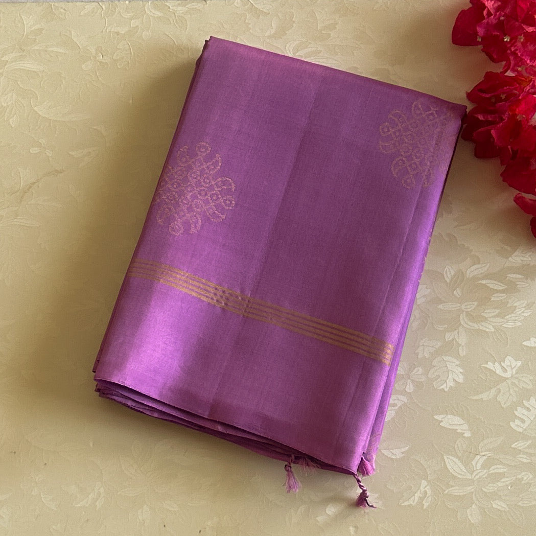 Orchid Purple Saree Antique Gold Medallion Buti Triple Stripe Border