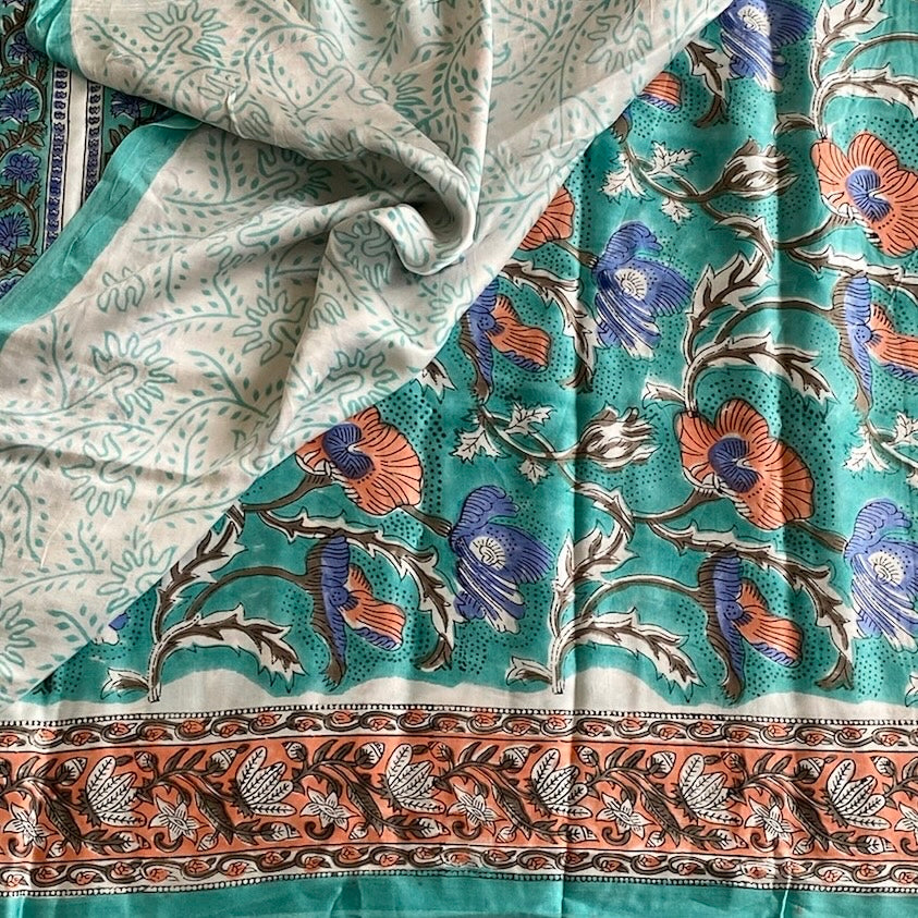 Ivory Turquoise Ajrakh Block Printed Silk With Turquoise And Leaf Border
